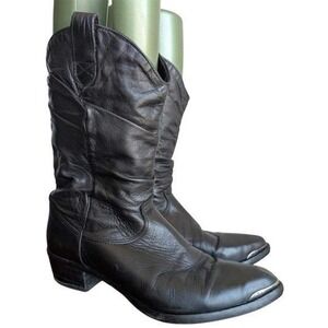 Vintage Zodiac 12 Black Leather Boots Western Pull On Low Heel 80s Scrunch Shaft